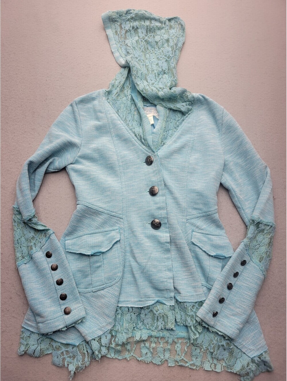 Nick & Mo Women's Jacket Coatigan Small Blue Hooded Heather Mid-Length Long